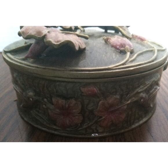 Green Hummingbird Mirrored Jewelry Box With Pink Flowers - Picture 3 of 7